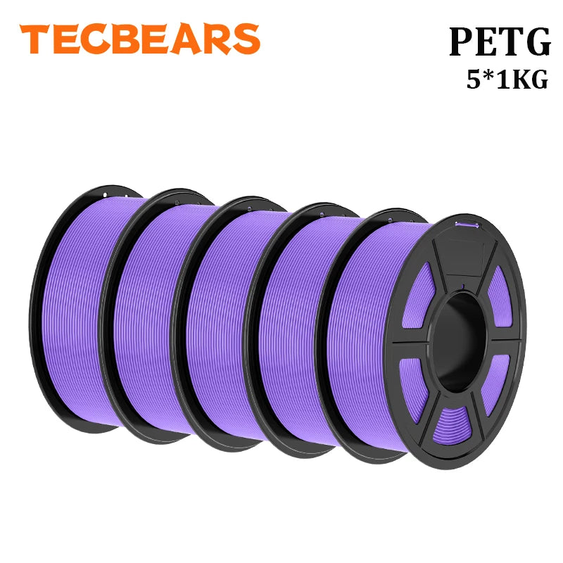 TECBEARS PETG 3D Printer Filament 1.75mm 5 Rolls 5KG Multi Color Petg Vacuum Packaging 100% No Bubble for FDM DIY Gift Material