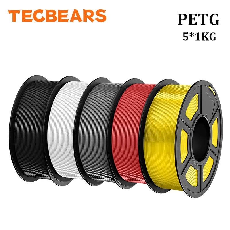 TECBEARS PETG 3D Printer Filament 1.75mm 5 Rolls 5KG Multi Color Petg Vacuum Packaging 100% No Bubble for FDM DIY Gift Material