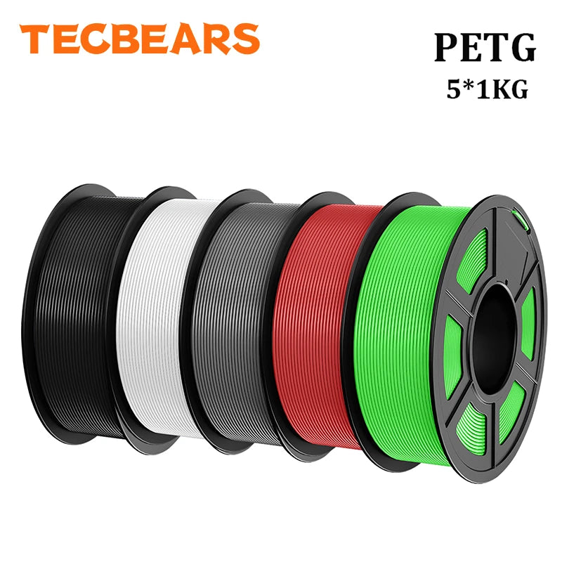 TECBEARS PETG 3D Printer Filament 1.75mm 5 Rolls 5KG Multi Color Petg Vacuum Packaging 100% No Bubble for FDM DIY Gift Material