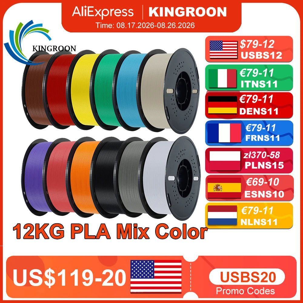 KINGROON 10KG/22LBS Multicolor PLA Filament 1KG/Roll 1.75mm For 3D Printer Material for 3D Printing 3D Printer Filament Free Shipping