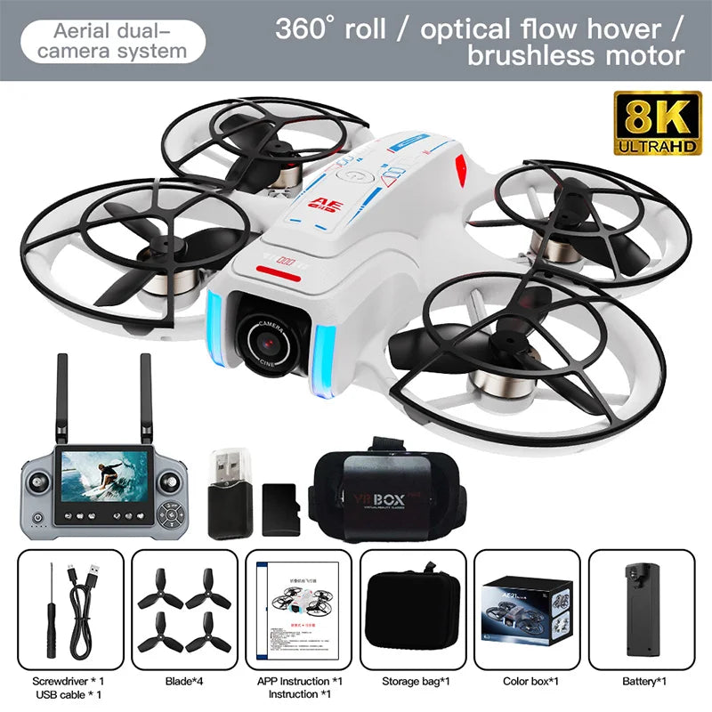 Mini Drone 8K HD-VR Dual-camera 180 ° ESC Optical Flow obstacle avoidance Motor Drone UAV Remote Control Quadcopter Universa Toy