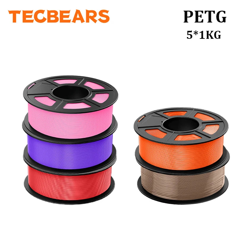 TECBEARS PETG 3D Printer Filament 1.75mm 5 Rolls 5KG Multi Color Petg Vacuum Packaging 100% No Bubble for FDM DIY Gift Material