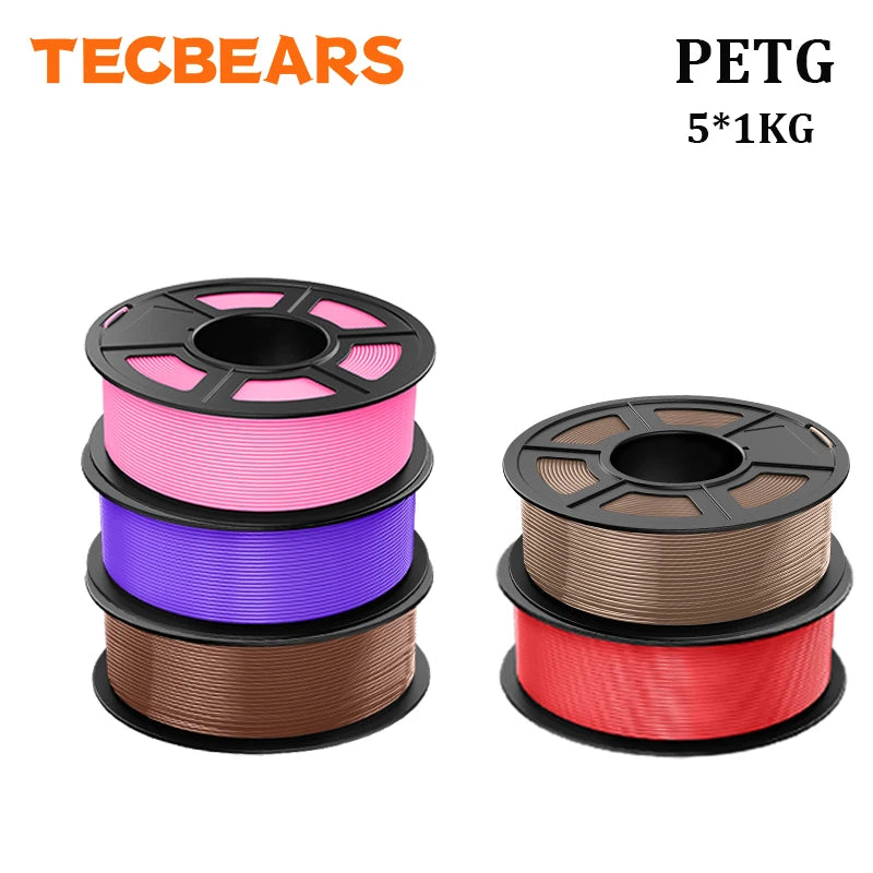 TECBEARS PETG 3D Printer Filament 1.75mm 5 Rolls 5KG Multi Color Petg Vacuum Packaging 100% No Bubble for FDM DIY Gift Material