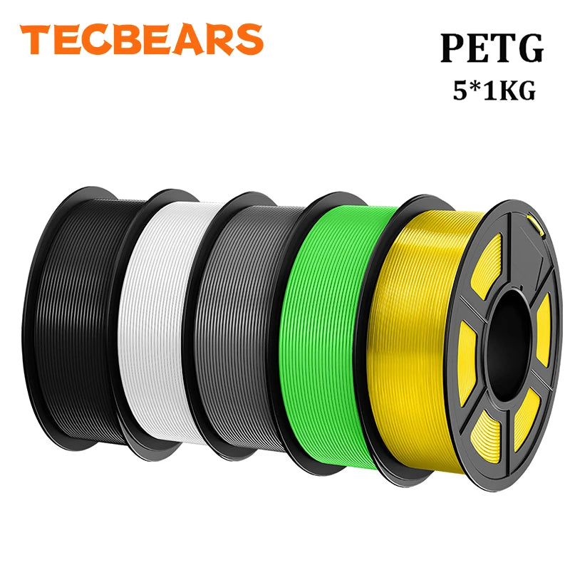 TECBEARS PETG 3D Printer Filament 1.75mm 5 Rolls 5KG Multi Color Petg Vacuum Packaging 100% No Bubble for FDM DIY Gift Material