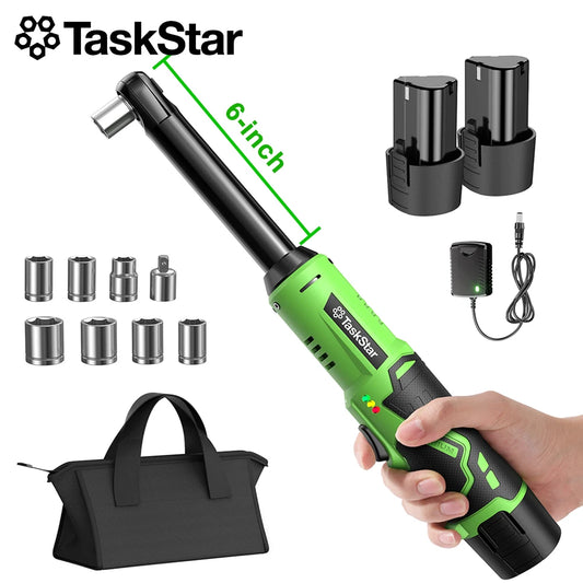 TaskStar 6 Inch Extended Cordless Ratchet Wrench 3/8" Portable Electric Wrench 36.88Ft-lbs for Car Repair 2*2.0Ah Battery Powered Handheld Angle Wrench with LED Work Light