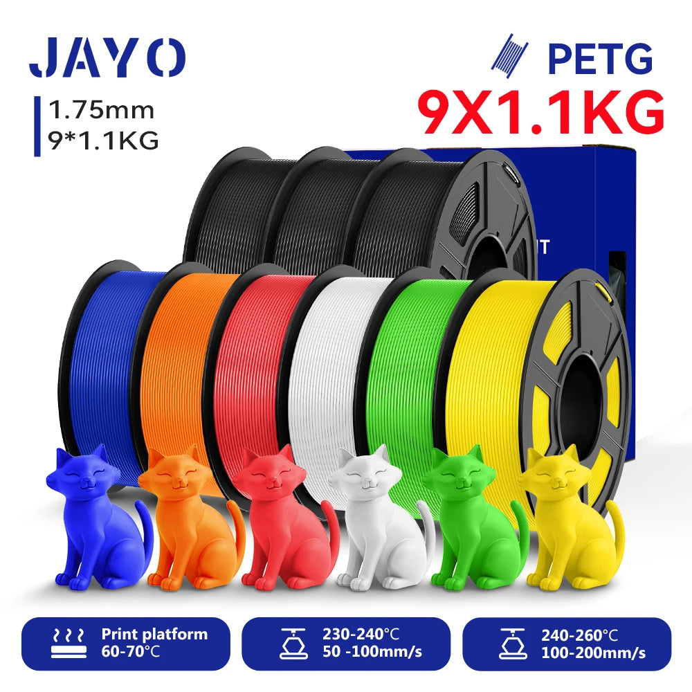 JAYO 9/10 Rolls 3D PETG/PLA/PLA PLUS Printer Filament 1.75mm 100% No Bubble non-toxic 3D Printing Materials for 3D Printer& Pen