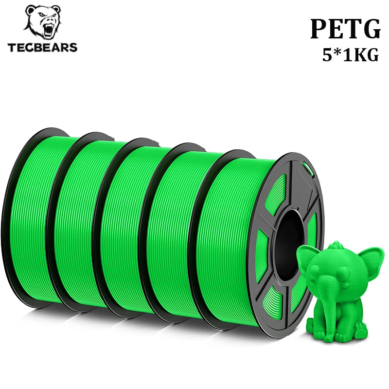 TECBEARS PETG 3D Printer Filament 1.75mm 5 Rolls 5KG Multi Color Petg Vacuum Packaging 100% No Bubble for FDM DIY Gift Material
