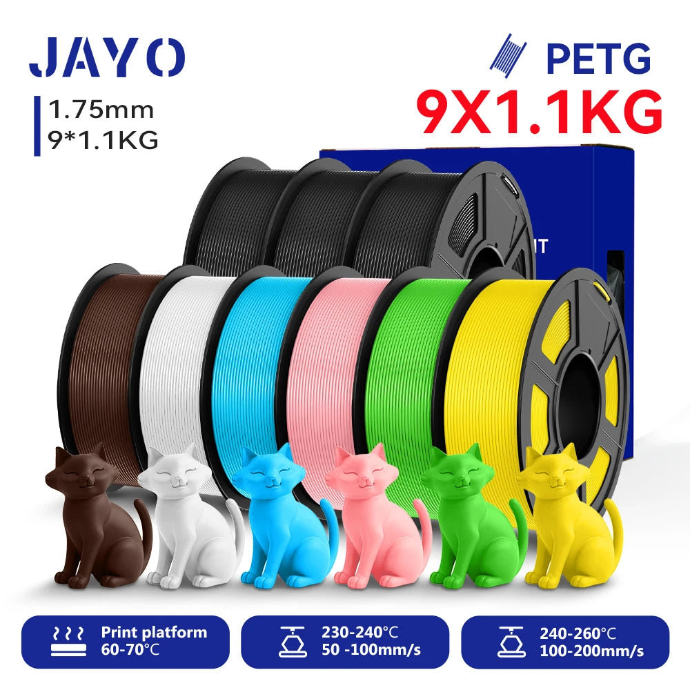 JAYO 9/10 Rolls 3D PETG/PLA/PLA PLUS Printer Filament 1.75mm 100% No Bubble non-toxic 3D Printing Materials for 3D Printer& Pen