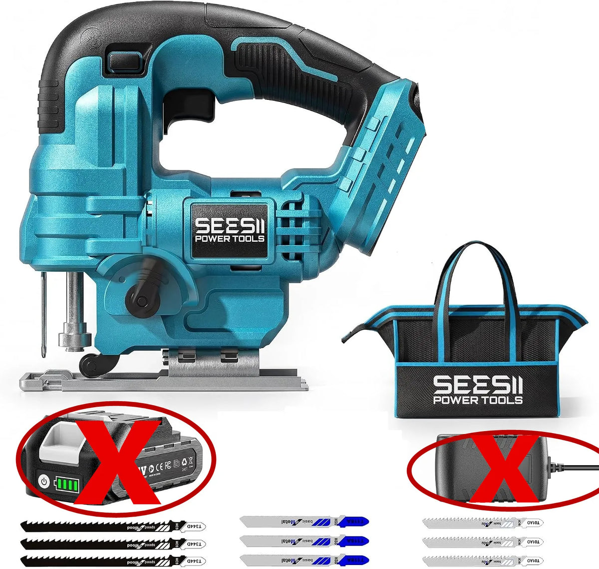 SEESII Cordless Jigsaw Tool ±45° Bevel Cuts Jig Saw 4 Orbital Multi-Function Electric Curve Saw Pipes Wood Cutting Tool