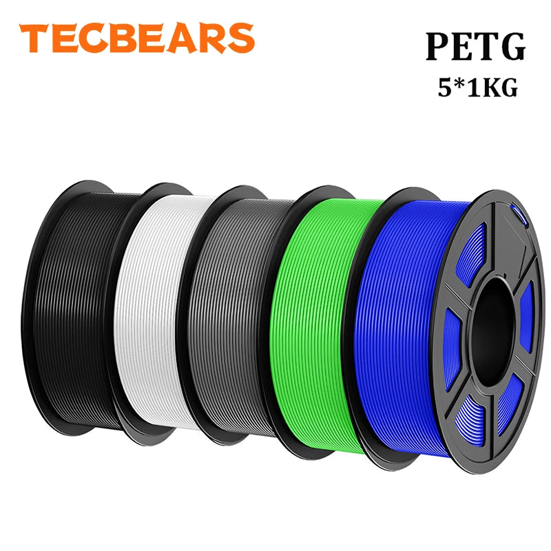 TECBEARS PETG 3D Printer Filament 1.75mm 5 Rolls 5KG Multi Color Petg Vacuum Packaging 100% No Bubble for FDM DIY Gift Material