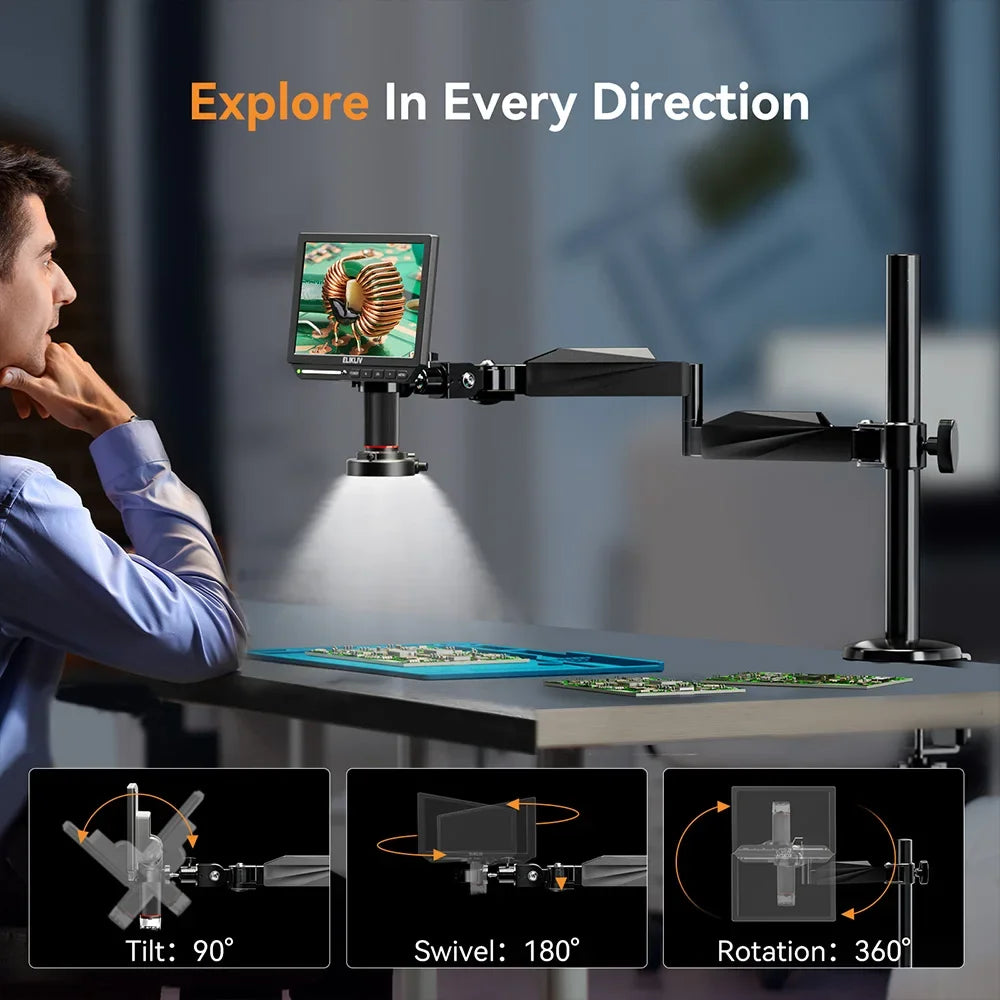 Elikliv EM4K 4K Digital Microscope for Electronics 10.1" 2000X HDMI Soldering Microscope with Boom Arm Holder Pcb Soldering