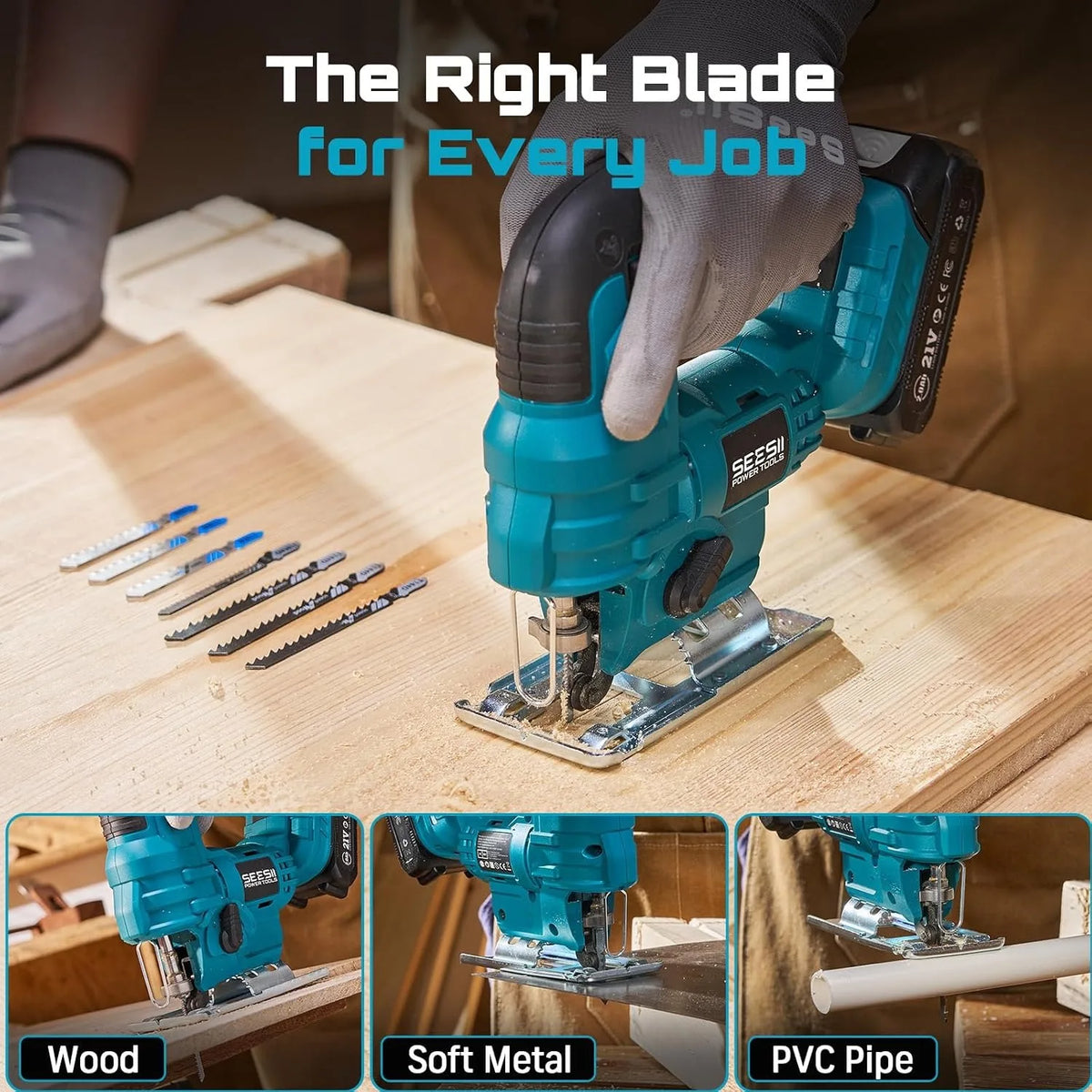 SEESII Cordless Jigsaw Tool ±45° Bevel Cuts Jig Saw 4 Orbital Multi-Function Electric Curve Saw Pipes Wood Cutting Tool