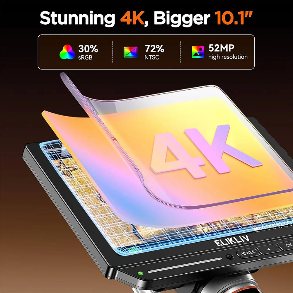 Elikliv EM4K-AF Flex 10.1'' Autofocus Digital Microscope 2000X HDMI Microscope with Arm 4K Soldering Microscopio for Electronics