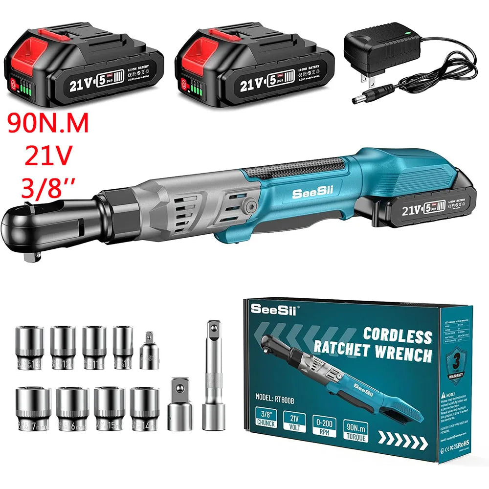 Seesii 3/8'' 6'' Extended Ratchet Wrench Electric Angle Wrench 55Nm Cordless Electric Wrench Driver Auto Repair Tools Set 12V