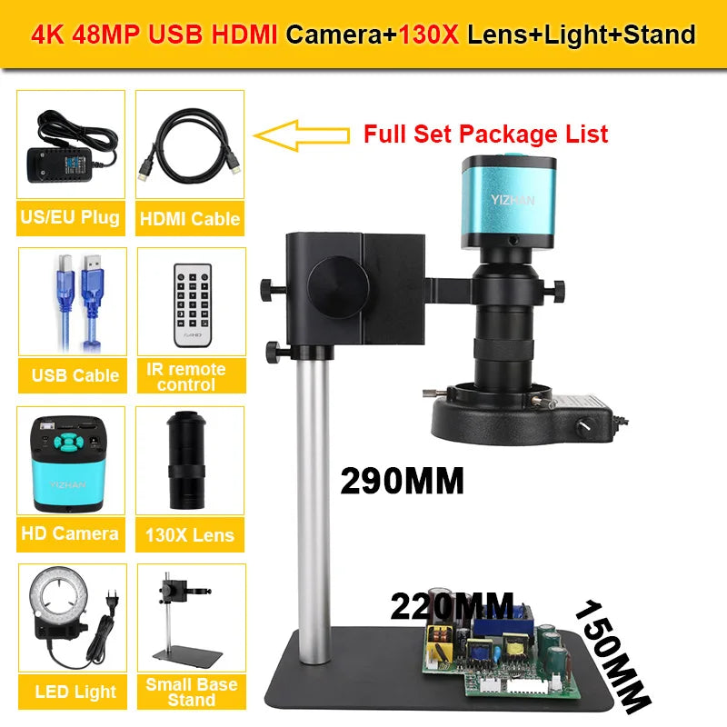 YIZHAN 130X Lens C-mount Digital Microscope for Electronics 4K 1080P HD Industrial Cameras 60MP 48MP HDMI USB VGA Repair Tools