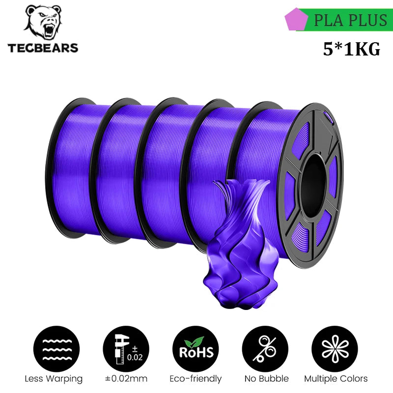 TECBEARS PETG 3D Printer Filament 1.75mm 5 Rolls 5KG Multi Color Petg Vacuum Packaging 100% No Bubble for FDM DIY Gift Material