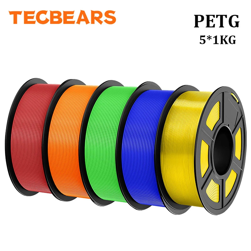TECBEARS PETG 3D Printer Filament 1.75mm 5 Rolls 5KG Multi Color Petg Vacuum Packaging 100% No Bubble for FDM DIY Gift Material
