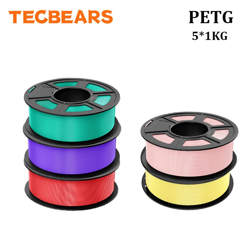 TECBEARS PETG 3D Printer Filament 1.75mm 5 Rolls 5KG Multi Color Petg Vacuum Packaging 100% No Bubble for FDM DIY Gift Material