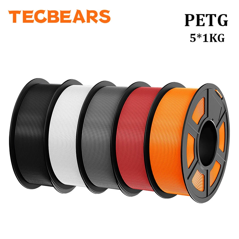 TECBEARS PETG 3D Printer Filament 1.75mm 5 Rolls 5KG Multi Color Petg Vacuum Packaging 100% No Bubble for FDM DIY Gift Material