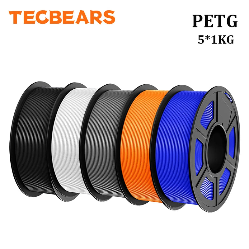 TECBEARS PETG 3D Printer Filament 1.75mm 5 Rolls 5KG Multi Color Petg Vacuum Packaging 100% No Bubble for FDM DIY Gift Material