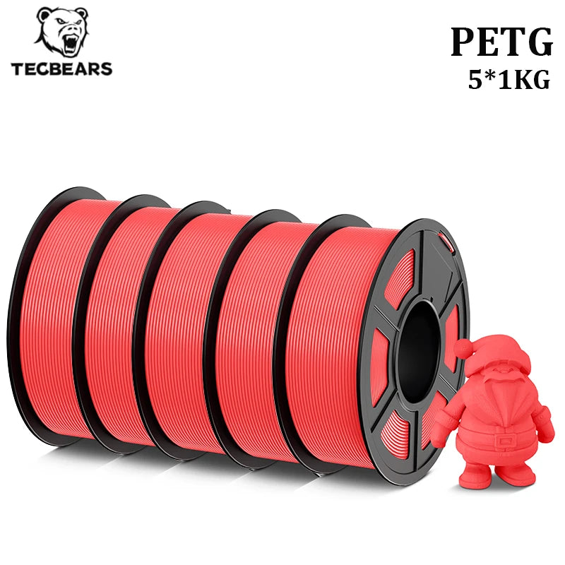 TECBEARS PETG 3D Printer Filament 1.75mm 5 Rolls 5KG Multi Color Petg Vacuum Packaging 100% No Bubble for FDM DIY Gift Material