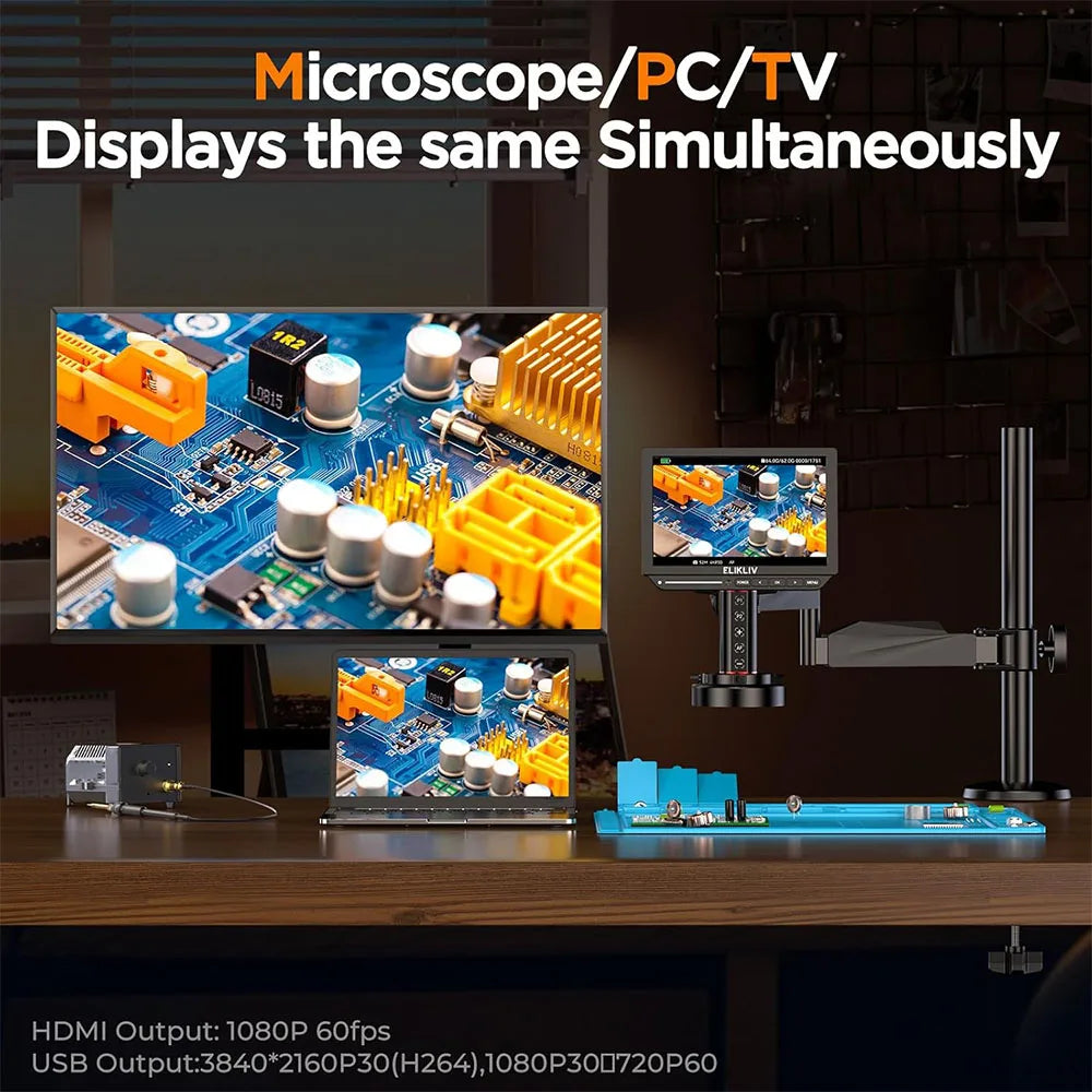 Elikliv EM4K-AF Flex 10.1'' Autofocus Digital Microscope 2000X HDMI Microscope with Arm 4K Soldering Microscopio for Electronics