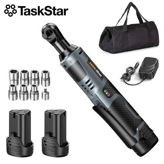 TaskStar 12V 3/8" Electric Ratchet Wrench Set w/ 2.0Ah Battery Rechargeable Angle Wrench 40Nm Disassembly Nut Car Repair Tool