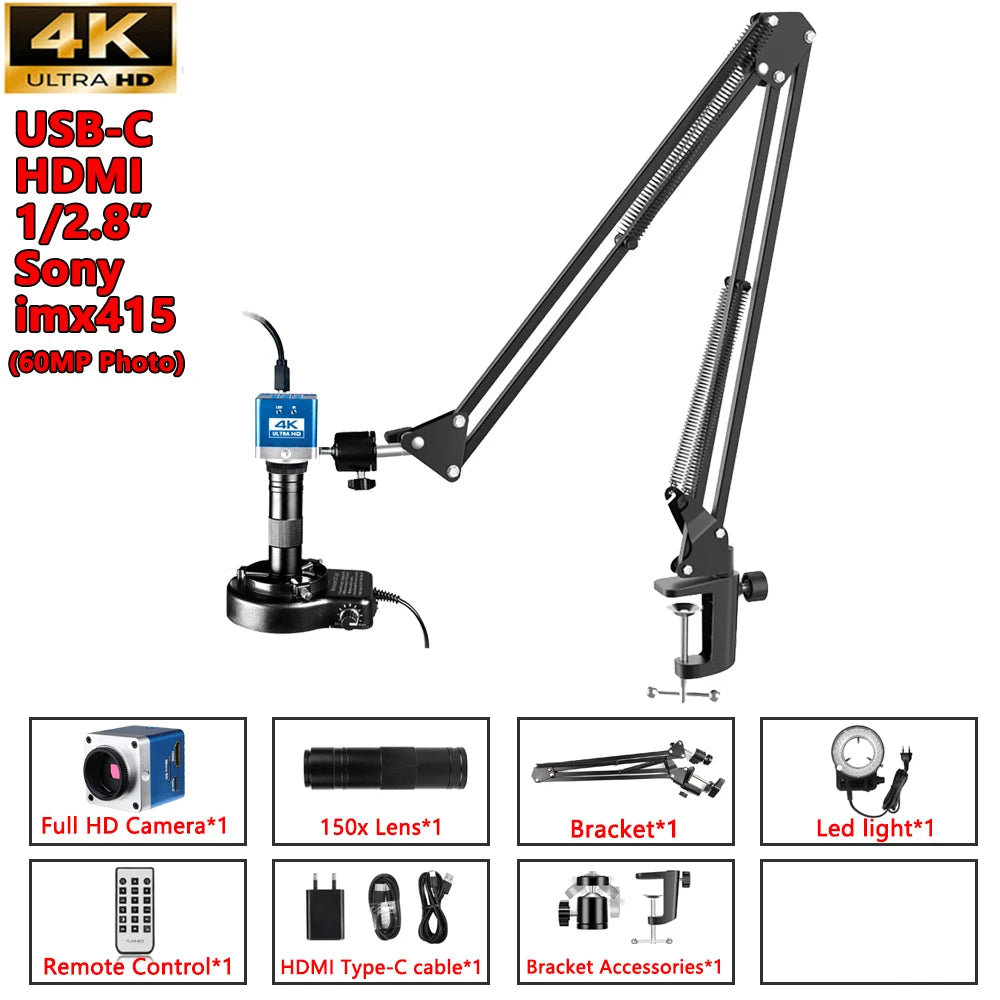 4K Digital Microscope 48MP Microscope For Electronics USB-C Industrial Cameras HDMI 1-150X Zoom C-Mount Lens Phone Pcb Soldering