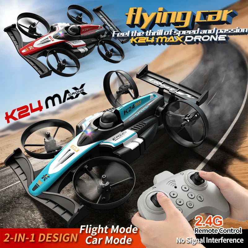 Look here! A mini car and drone combo - a dual-mode, multi-functional gift! One-button takeoff, stable hovering, racing mode, headless mode, and 360° aerial flips. The perfect Christmas gift or a fun birthday present!