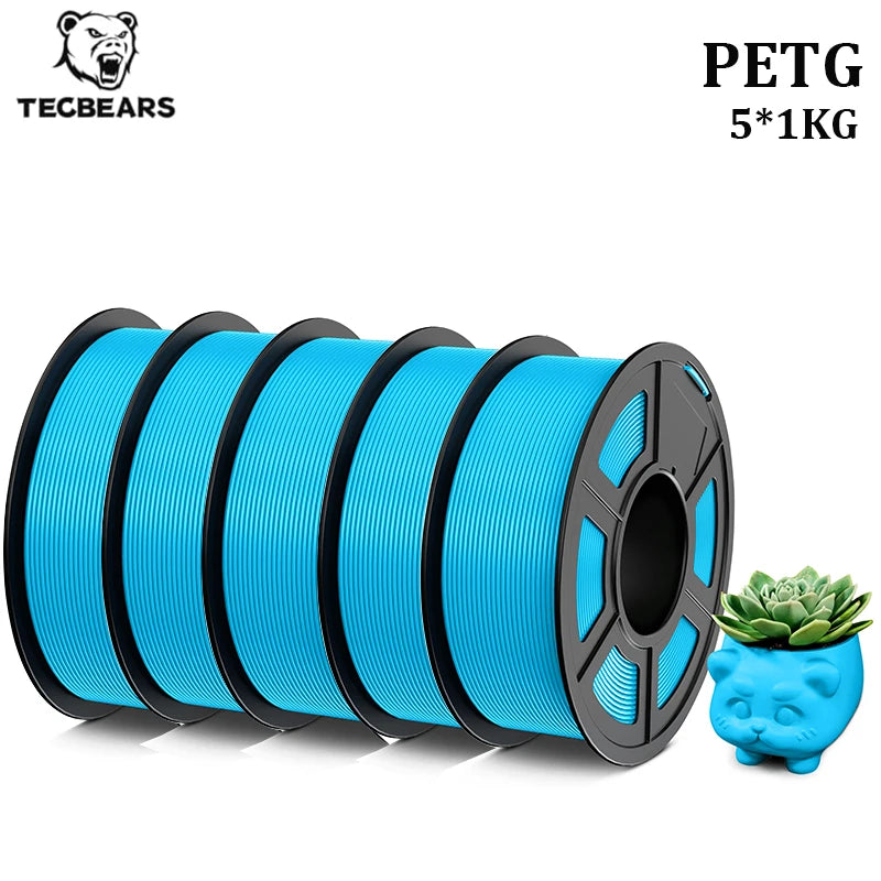 TECBEARS PETG 3D Printer Filament 1.75mm 5 Rolls 5KG Multi Color Petg Vacuum Packaging 100% No Bubble for FDM DIY Gift Material