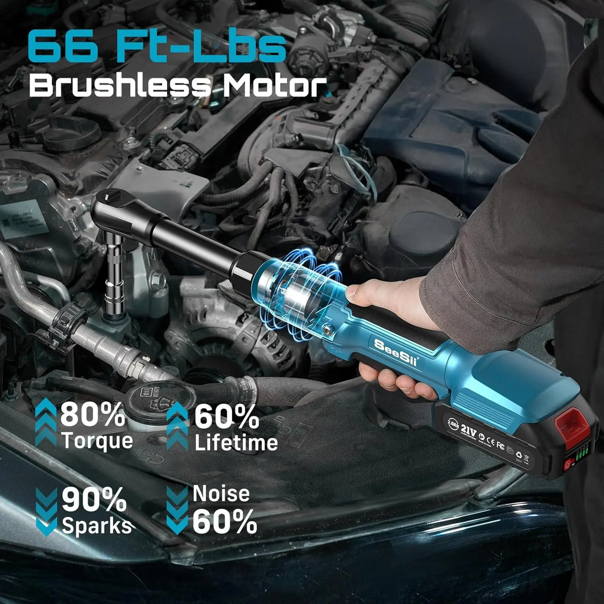 SEESII 3/8" 21V 6.3'' Extended Electric Ratchet Wrench Cordless Electric Wrench Rechargeable Angle Wrench Car Repair Tools for Makita 18v Battery Pin
