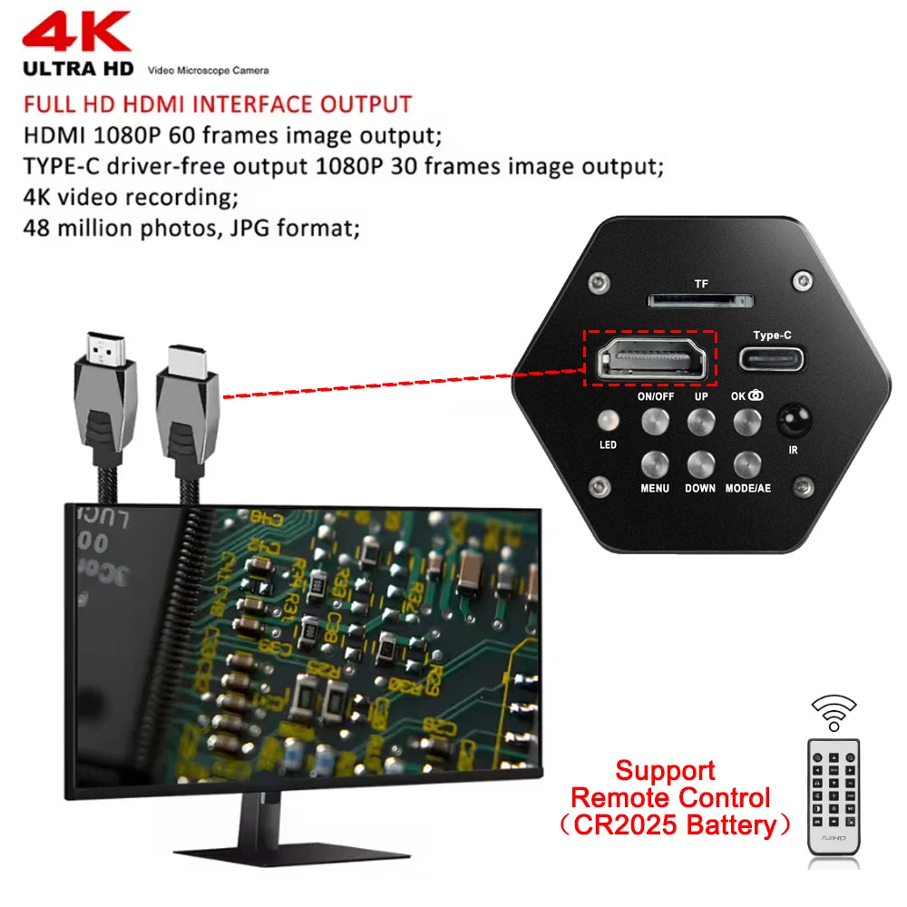 4K Digital Microscope 48MP Microscope For Electronics USB-C Industrial Cameras HDMI 1-150X Zoom C-Mount Lens Phone Pcb Soldering