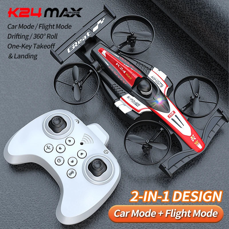 Look here! A mini car and drone combo - a dual-mode, multi-functional gift! One-button takeoff, stable hovering, racing mode, headless mode, and 360° aerial flips. The perfect Christmas gift or a fun birthday present!