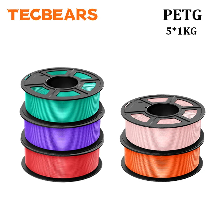 TECBEARS PETG 3D Printer Filament 1.75mm 5 Rolls 5KG Multi Color Petg Vacuum Packaging 100% No Bubble for FDM DIY Gift Material