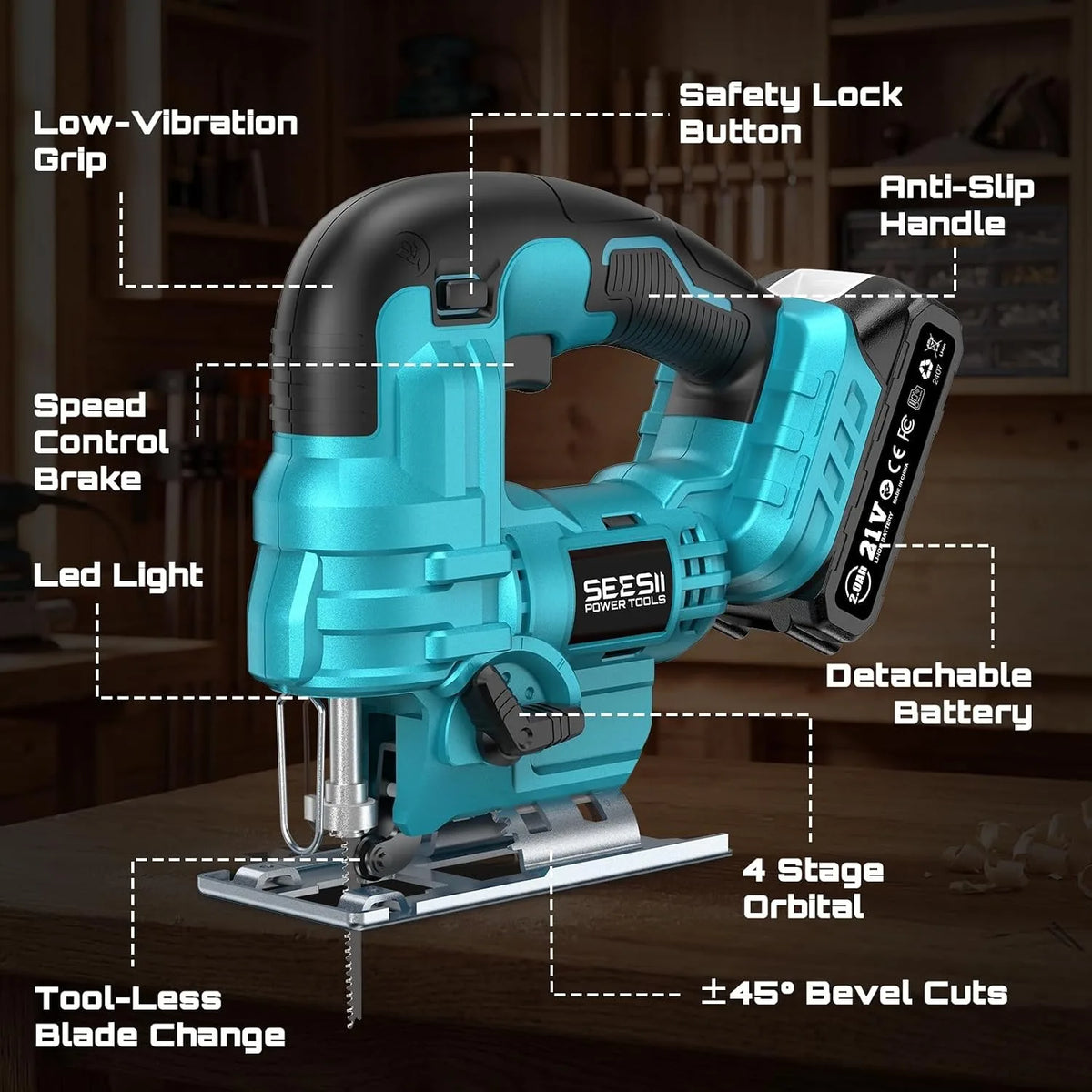 SEESII Cordless Jigsaw Tool ±45° Bevel Cuts Jig Saw 4 Orbital Multi-Function Electric Curve Saw Pipes Wood Cutting Tool