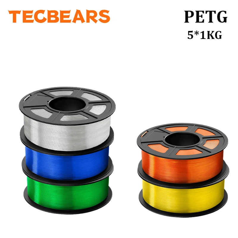TECBEARS PETG 3D Printer Filament 1.75mm 5 Rolls 5KG Multi Color Petg Vacuum Packaging 100% No Bubble for FDM DIY Gift Material