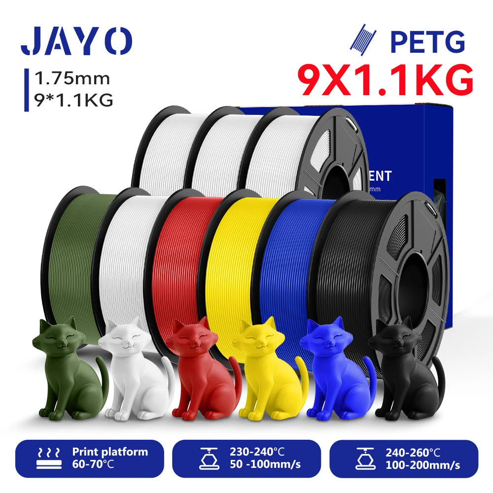 JAYO 9/10 Rolls 3D PETG/PLA/PLA PLUS Printer Filament 1.75mm 100% No Bubble non-toxic 3D Printing Materials for 3D Printer& Pen