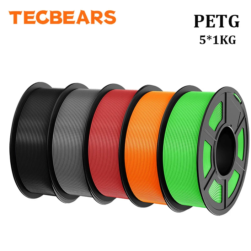 TECBEARS PETG 3D Printer Filament 1.75mm 5 Rolls 5KG Multi Color Petg Vacuum Packaging 100% No Bubble for FDM DIY Gift Material