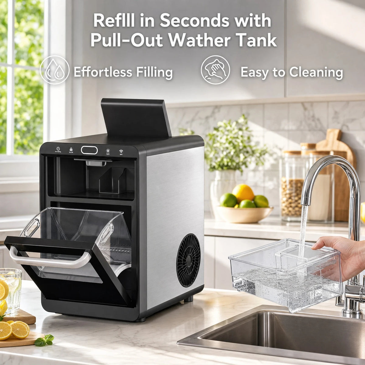 Nugget Ice Maker Countertop - Smart Pebble Ice Machine, Delivers in Just 10 Minutes, Pellet Ice 44 lbs per Day, Crushed Ice from Timer Function and Status Alerts with App
