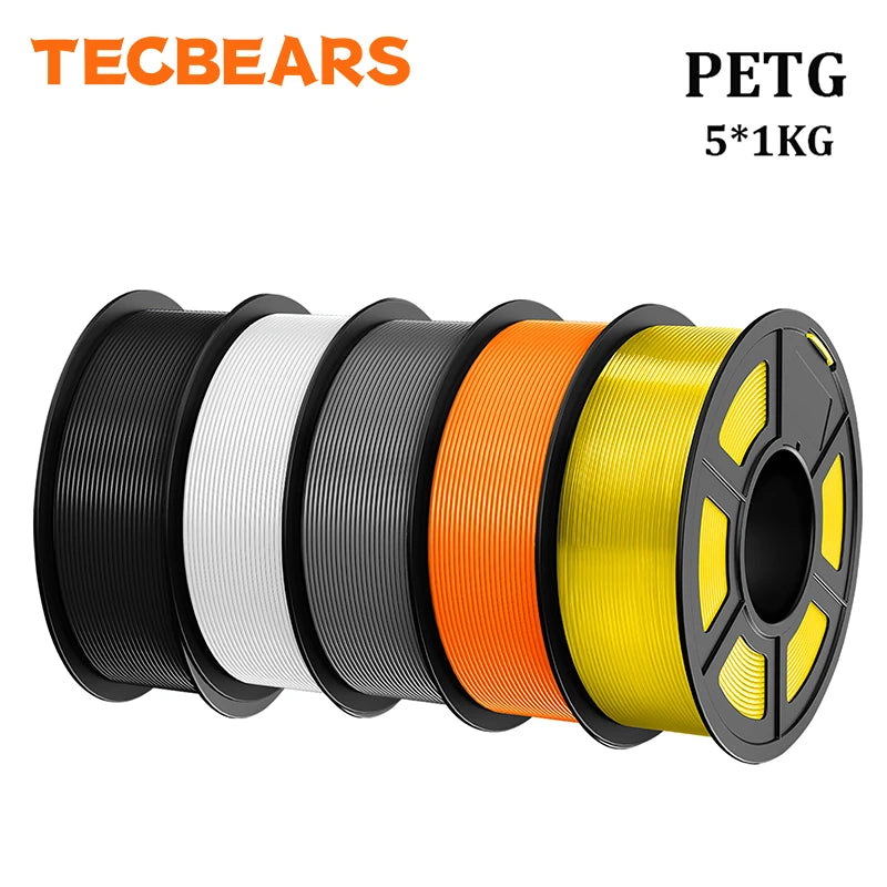 TECBEARS PETG 3D Printer Filament 1.75mm 5 Rolls 5KG Multi Color Petg Vacuum Packaging 100% No Bubble for FDM DIY Gift Material