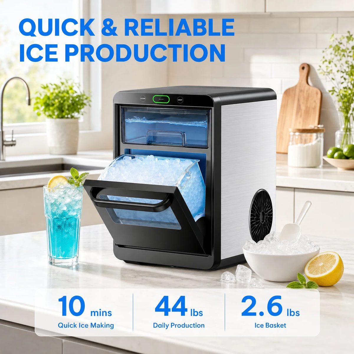 Nugget Ice Maker Countertop - Smart Pebble Ice Machine, Delivers in Just 10 Minutes, Pellet Ice 44 lbs per Day, Crushed Ice from Timer Function and Status Alerts with App