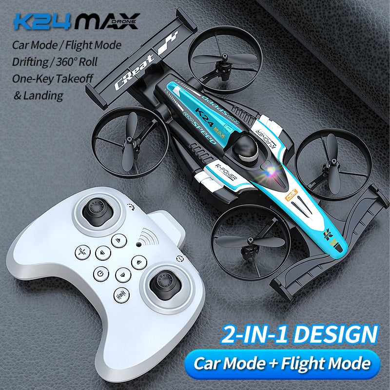 Look here! A mini car and drone combo - a dual-mode, multi-functional gift! One-button takeoff, stable hovering, racing mode, headless mode, and 360° aerial flips. The perfect Christmas gift or a fun birthday present!