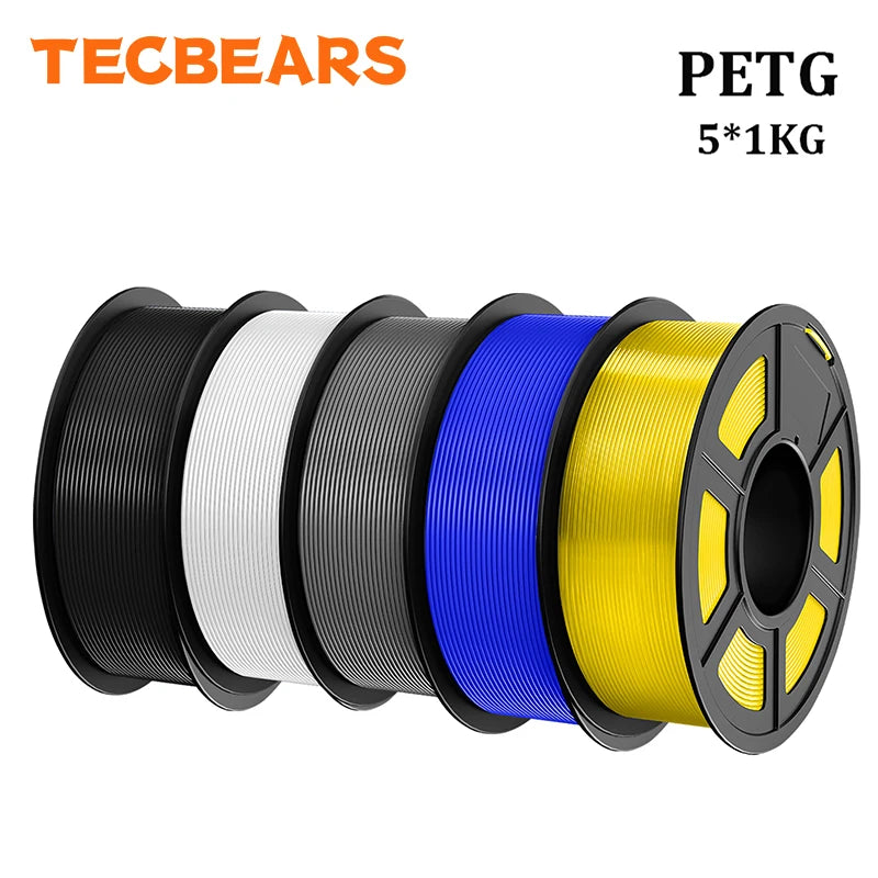 TECBEARS PETG 3D Printer Filament 1.75mm 5 Rolls 5KG Multi Color Petg Vacuum Packaging 100% No Bubble for FDM DIY Gift Material