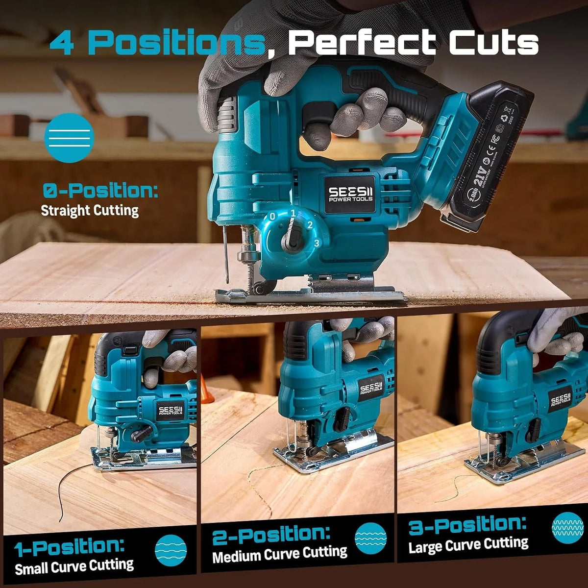 SEESII Cordless Jigsaw Tool ±45° Bevel Cuts Jig Saw 4 Orbital Multi-Function Electric Curve Saw Pipes Wood Cutting Tool