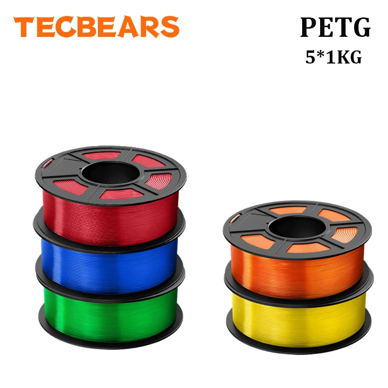 TECBEARS PETG 3D Printer Filament 1.75mm 5 Rolls 5KG Multi Color Petg Vacuum Packaging 100% No Bubble for FDM DIY Gift Material