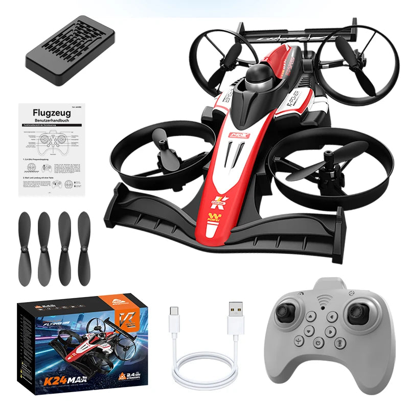 Look here! A mini car and drone combo - a dual-mode, multi-functional gift! One-button takeoff, stable hovering, racing mode, headless mode, and 360° aerial flips. The perfect Christmas gift or a fun birthday present!