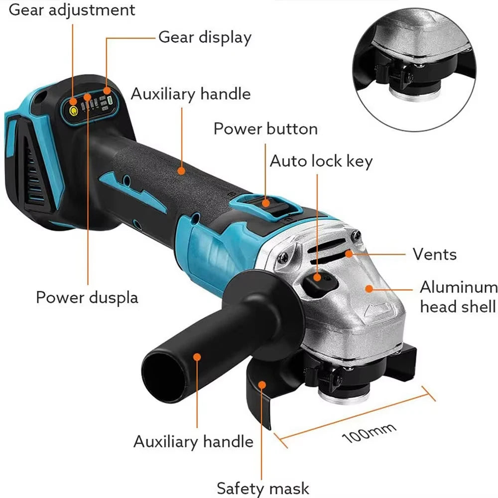 125MM Brushless Electric Angle Grinder Variable Speed M14 Cordless Grinder Cutting Machine Woodworking Power Tool for Makita 18V Battery Pin
