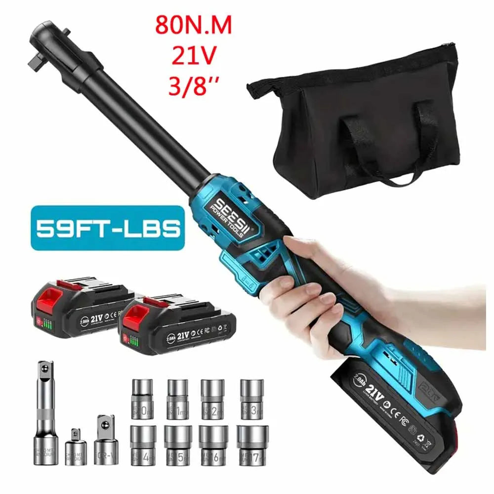 Seesii 3/8'' 6'' Extended Ratchet Wrench Electric Angle Wrench 55Nm Cordless Electric Wrench Driver Auto Repair Tools Set 12V