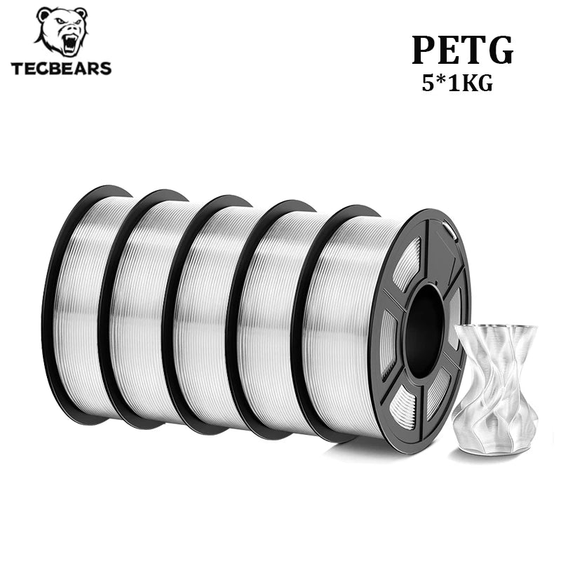 TECBEARS PETG 3D Printer Filament 1.75mm 5 Rolls 5KG Multi Color Petg Vacuum Packaging 100% No Bubble for FDM DIY Gift Material