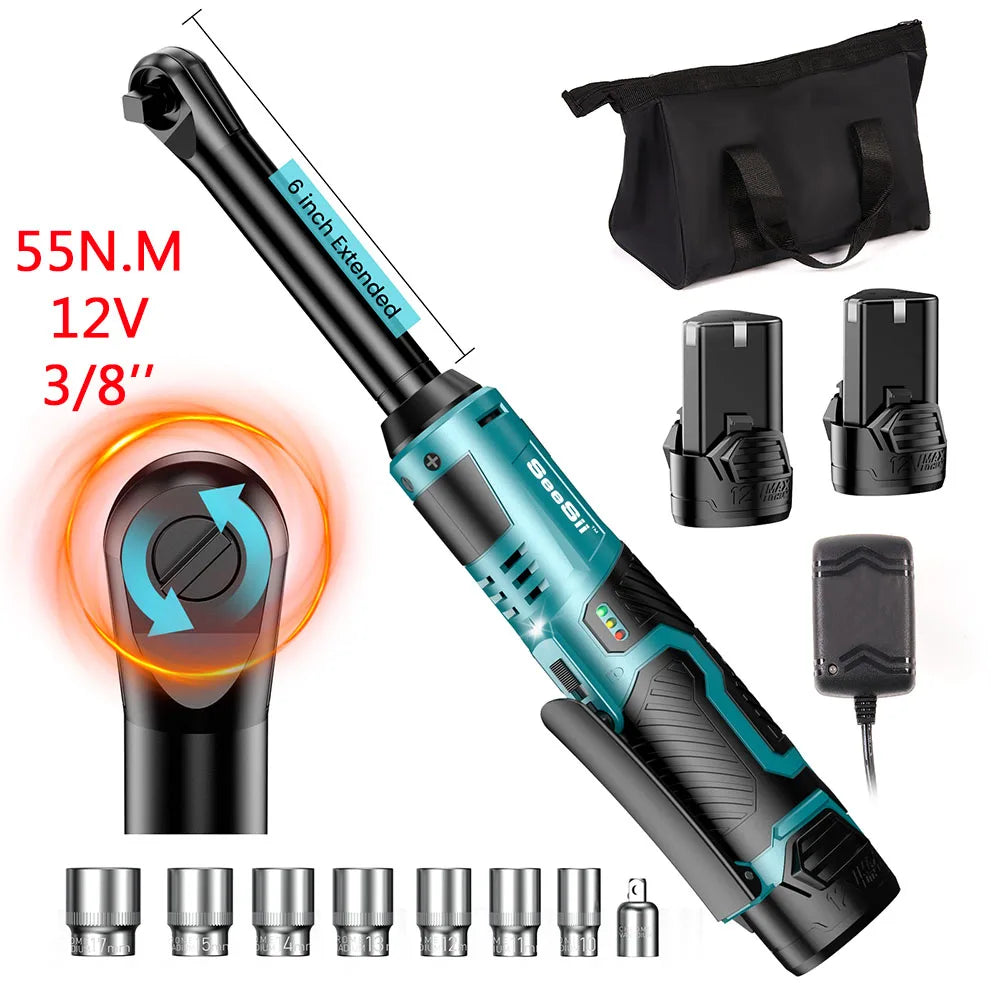 Seesii 3/8'' 6'' Extended Ratchet Wrench Electric Angle Wrench 55Nm Cordless Electric Wrench Driver Auto Repair Tools Set 12V